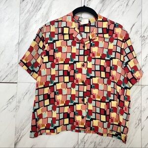 Vintage Jantzen Geo Multicolor Print Short Sleeve Button Blouse SZ 10
